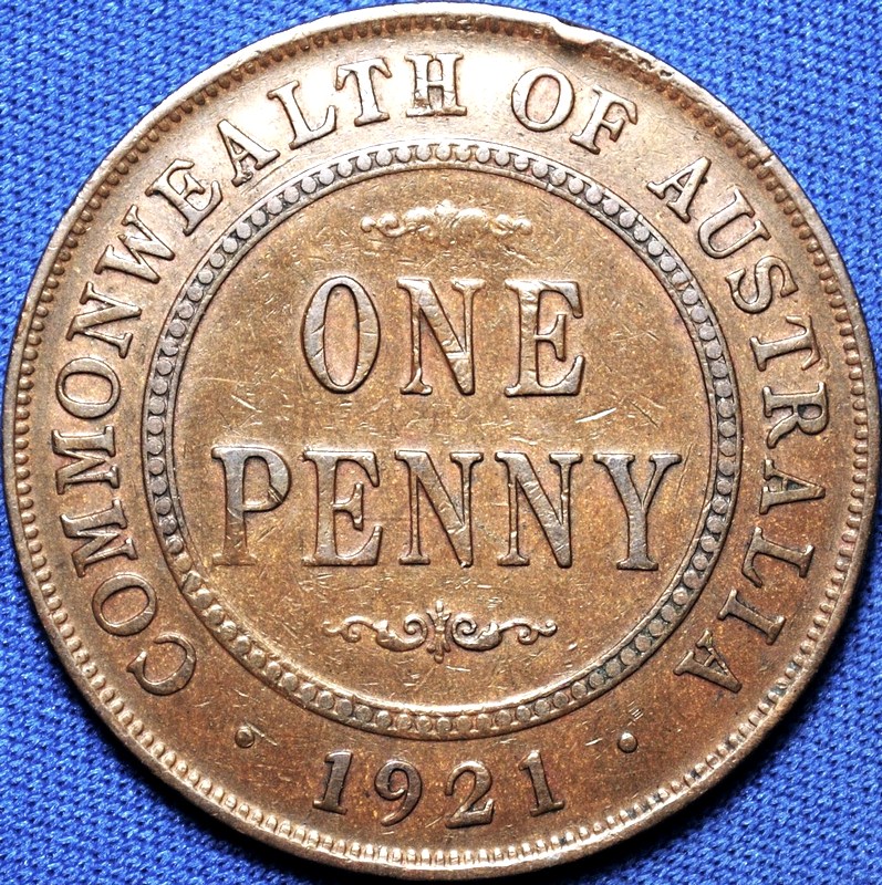 1921 Australian Penny, London obverse, 'about Very Fine'